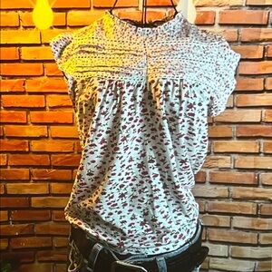 👚 Lucky Brand Floral Pintuck Top – White with Pink Blossoms – Sz Medium / N